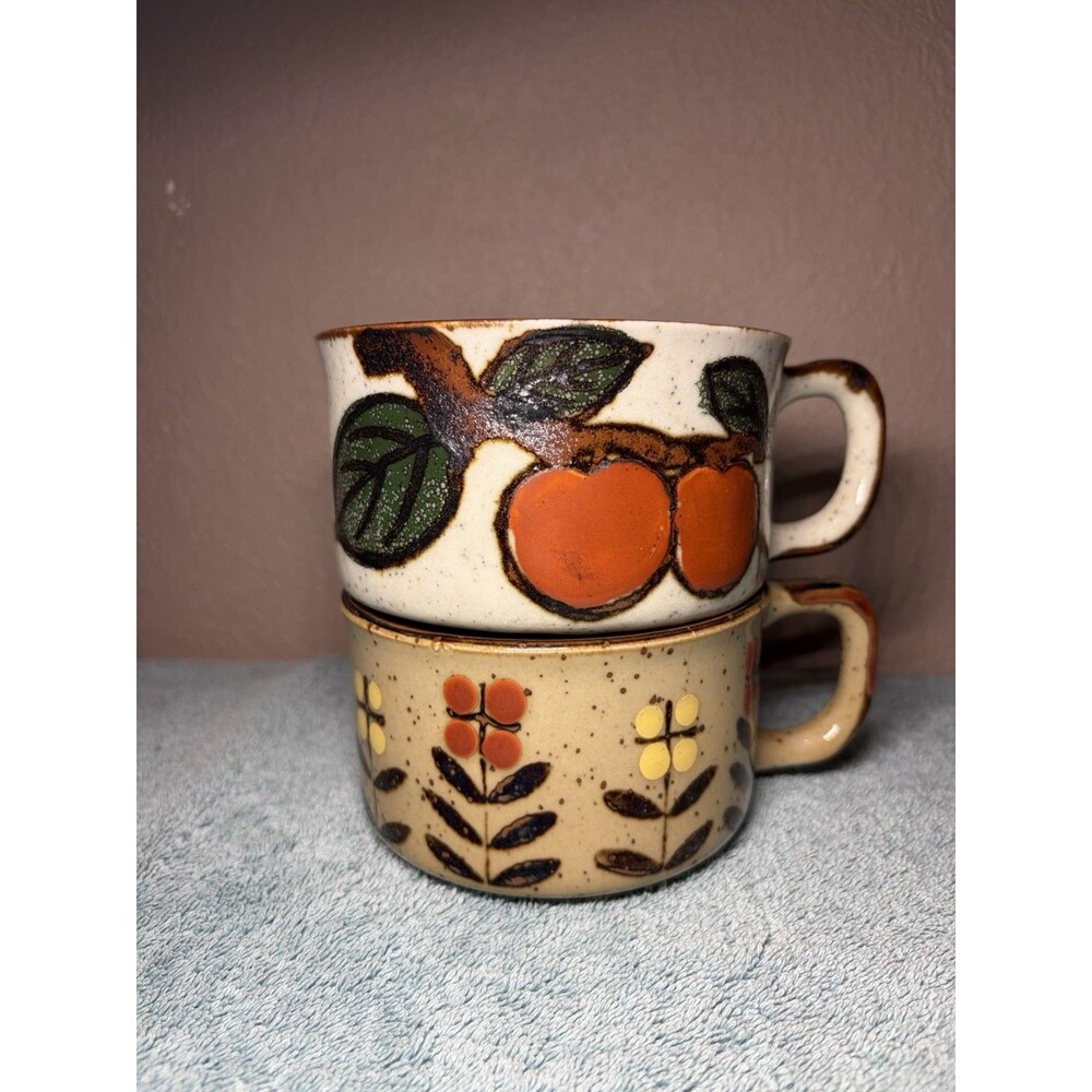 2 Vintage '60s Otagiri Persimmon Design Speckled Stoneware Soup Mugs Japan MCM
